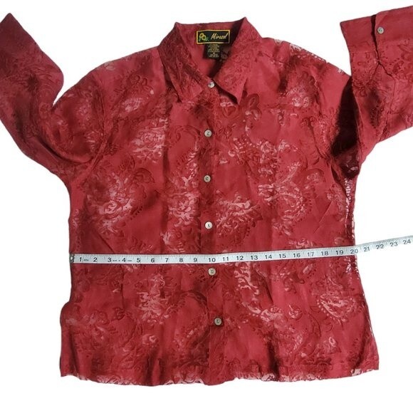 Mirasol Red Floral 3/4 Sleeve Semi-Sheer Button-Up Top Sz M - Picture 13 of 14